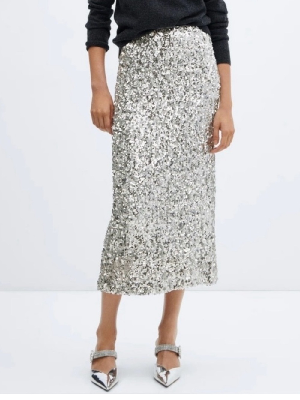 MANGO Silver Sequin Midi Skirt size xs
